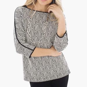 Chicos Diamond Jacquard Tipped Top Size 0/Small Black Cream 3/4‎ Sleeve $79